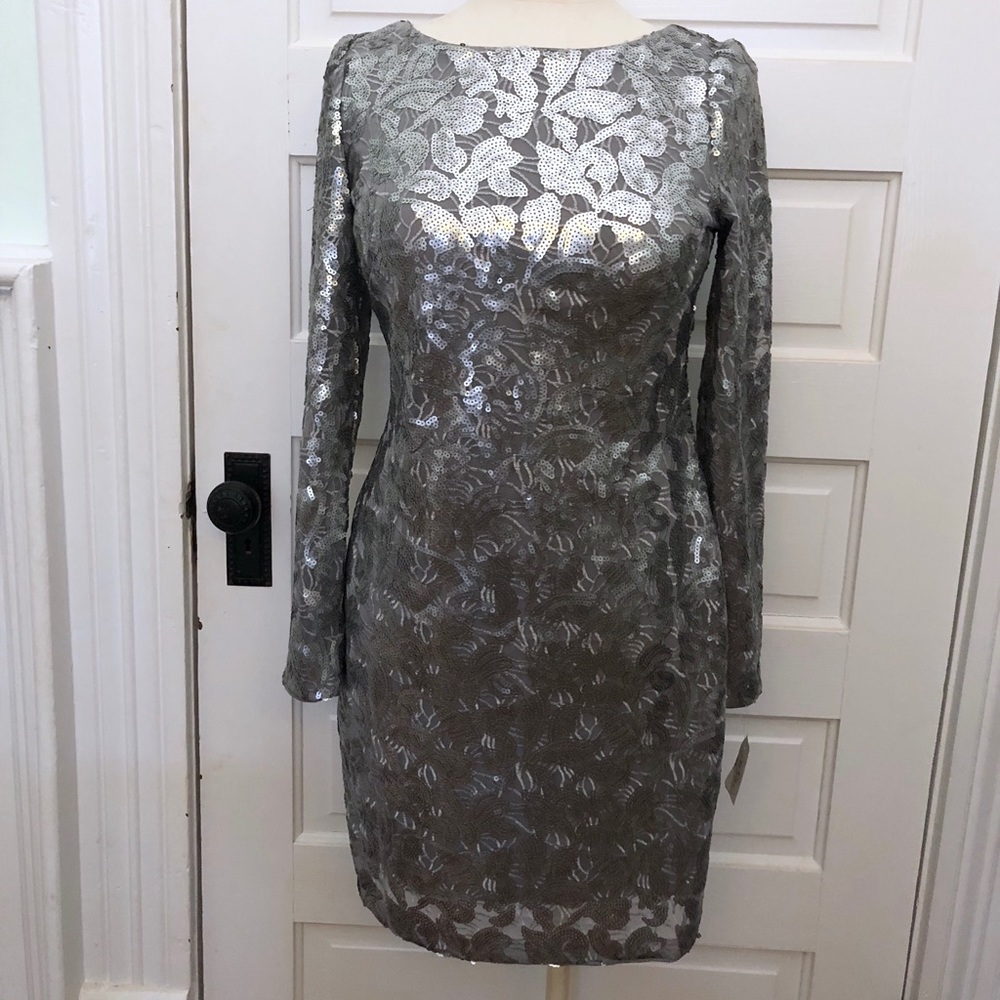 Aidan Mattox Silver Sequin Long Sleeve Cocktail